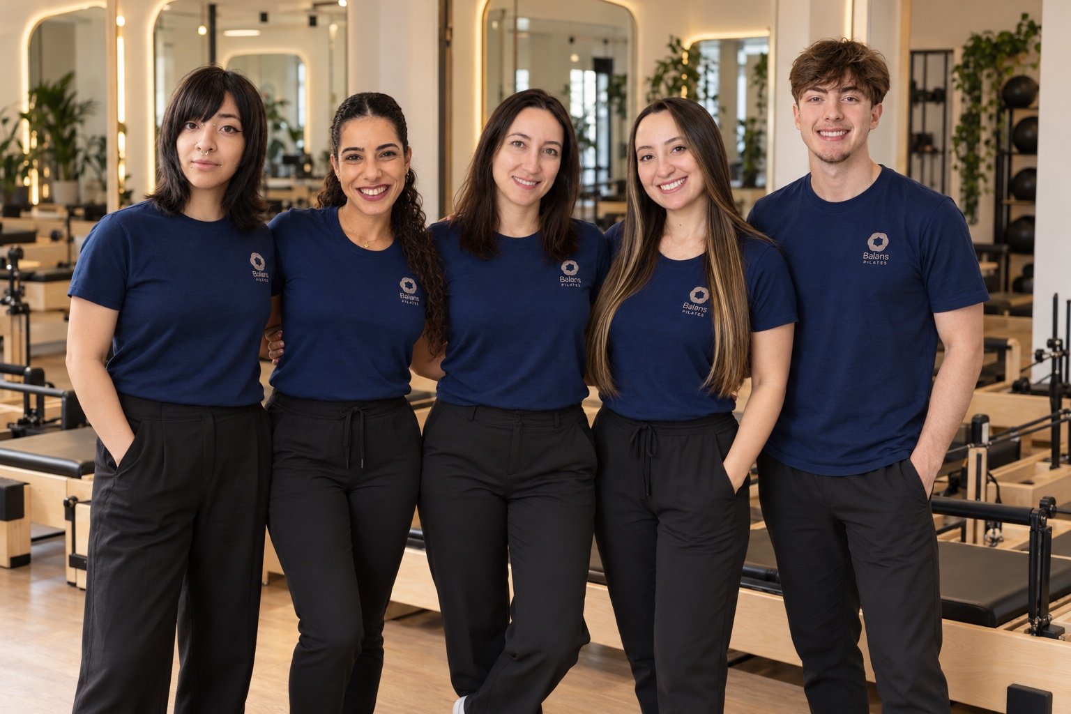 Equipe do Balans Pilates reunida no estúdio, usando uniformes azul-marinho